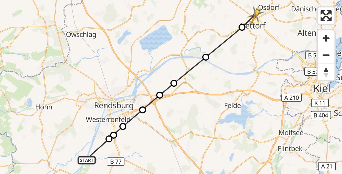 Flugroute Ambulanzhubschrauber Schülp b.Rendsburg - Gettorf, 19 April 2026, 10:33
