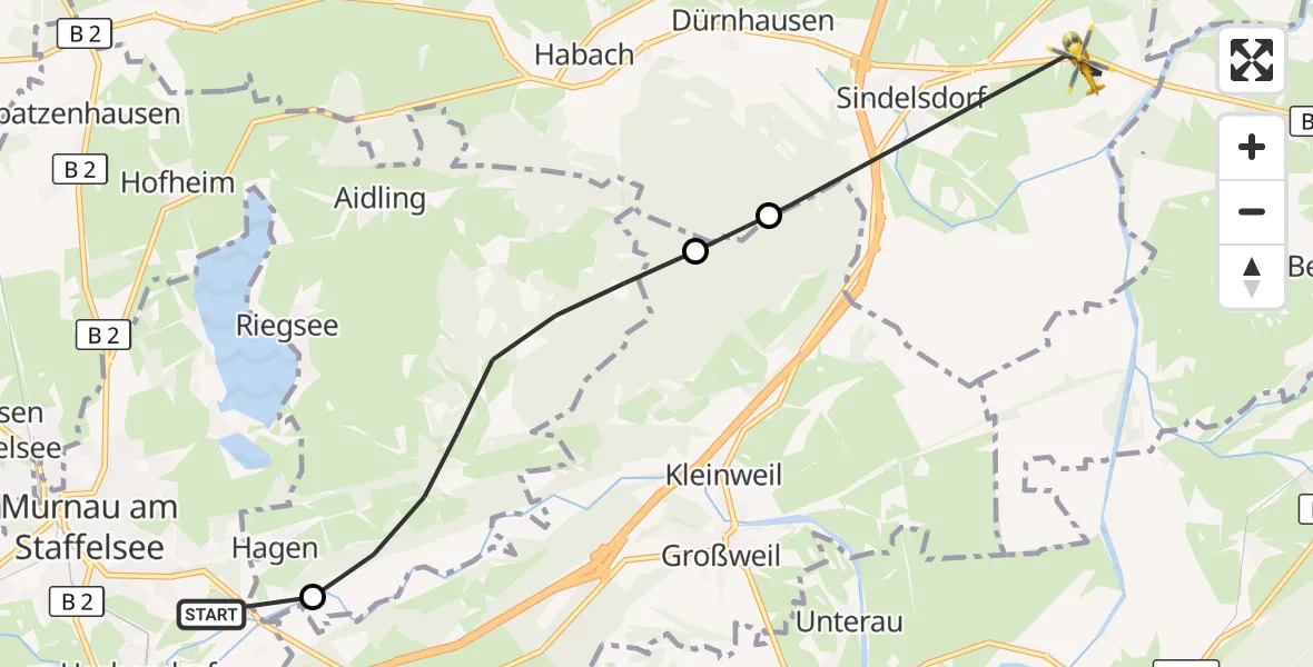 Flugroute Rettungshubschrauber Murnau a.Staffelsee - Sindelsdorf, 19 April 2026, 10:40
