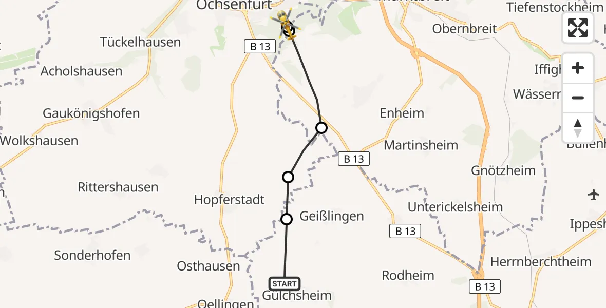 Flugroute Rettungshubschrauber Hemmersheim - Ochsenfurt Hospital, 19 April 2026, 10:42