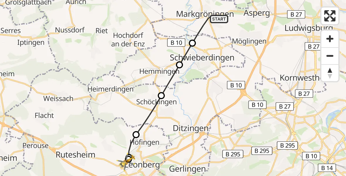 Flugroute Rettungshubschrauber Markgröningen - Leonberg Hospital, 19 April 2026, 11:00