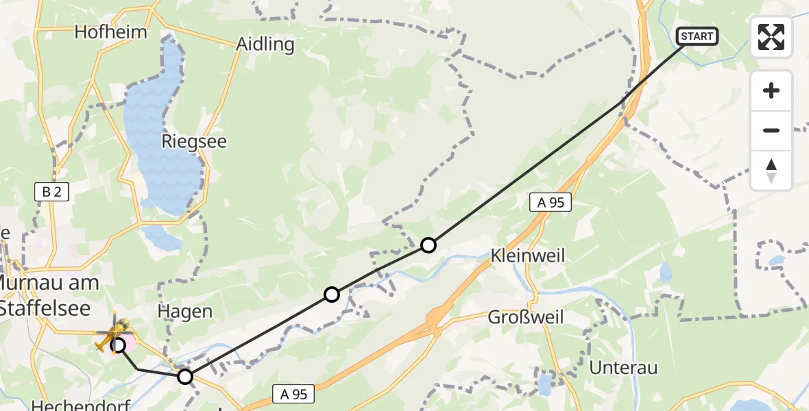 Flugroute Rettungshubschrauber Sindelsdorf - Murnau Accident Hospital, 19 April 2026, 11:12