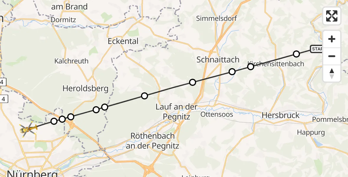 Flugroute Rettungshubschrauber Vorra - Flughafen Nuremberg, 19 April 2026, 11:17