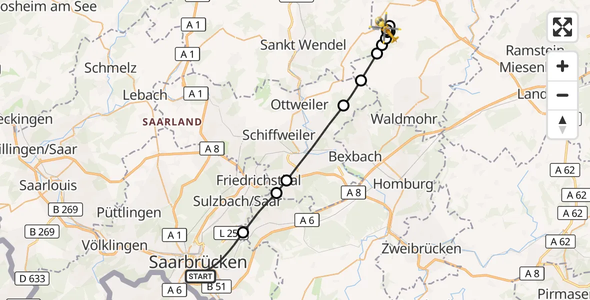 Flugroute Rettungshubschrauber Saarbrücken - Langenbach, 19 April 2026, 11:17