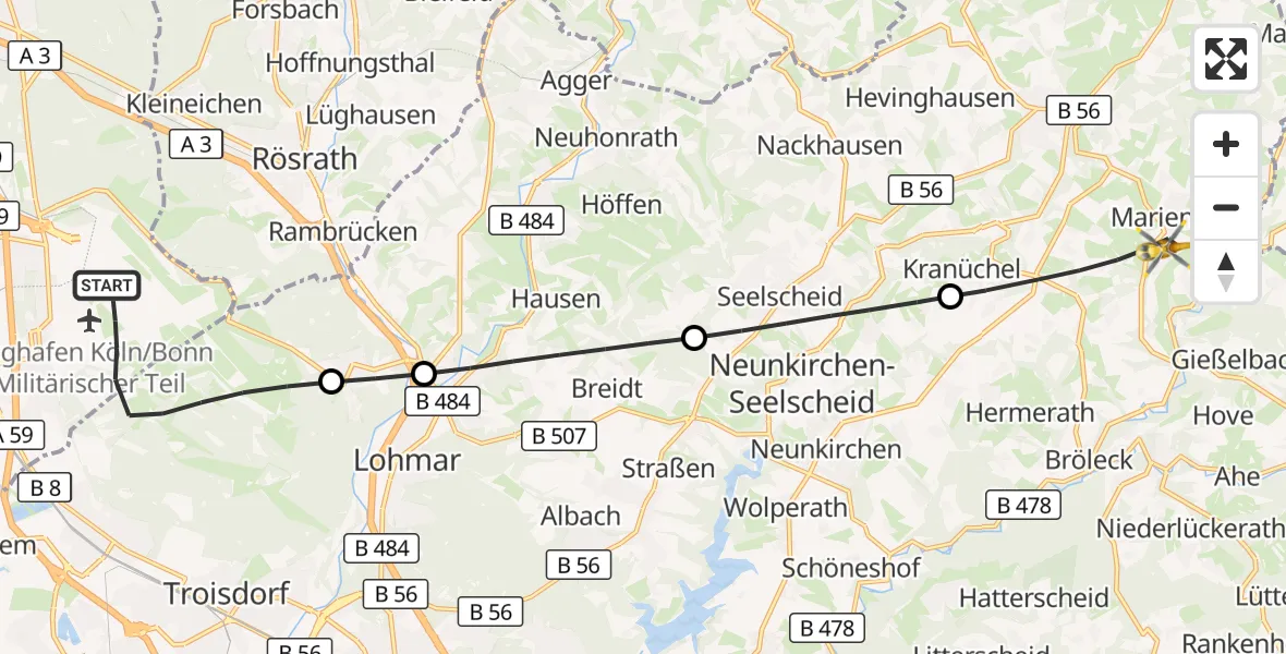 Flugroute Rettungshubschrauber Köln Bonn Flughafen - Much, 19 April 2026, 11:27