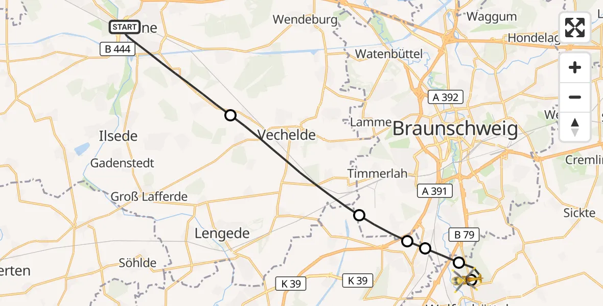 Flugroute Rettungshubschrauber Peine - Wolfenbüttel Municipal Hospital Heliport (Christoph 30), 19 April 2026, 11:40