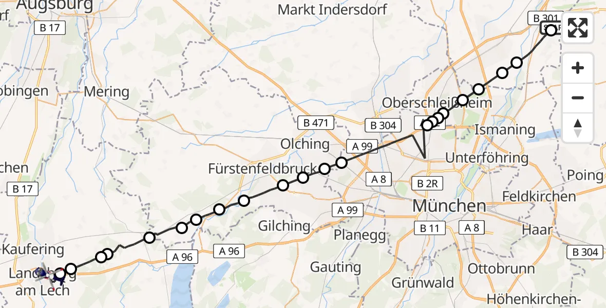 Flugroute Polizeihubschrauber München Flughafen - Landsberg am Lech, 19 April 2026, 11:43