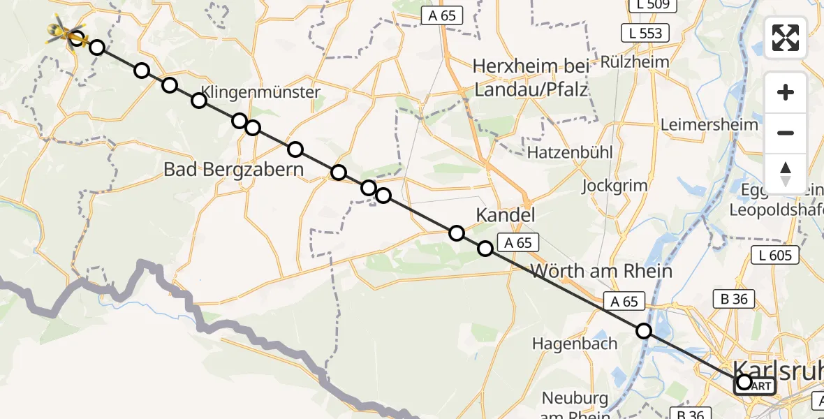 Flugroute Rettungshubschrauber Sankt Vincentius Hospital - Schwanheim, 19 April 2026, 11:45