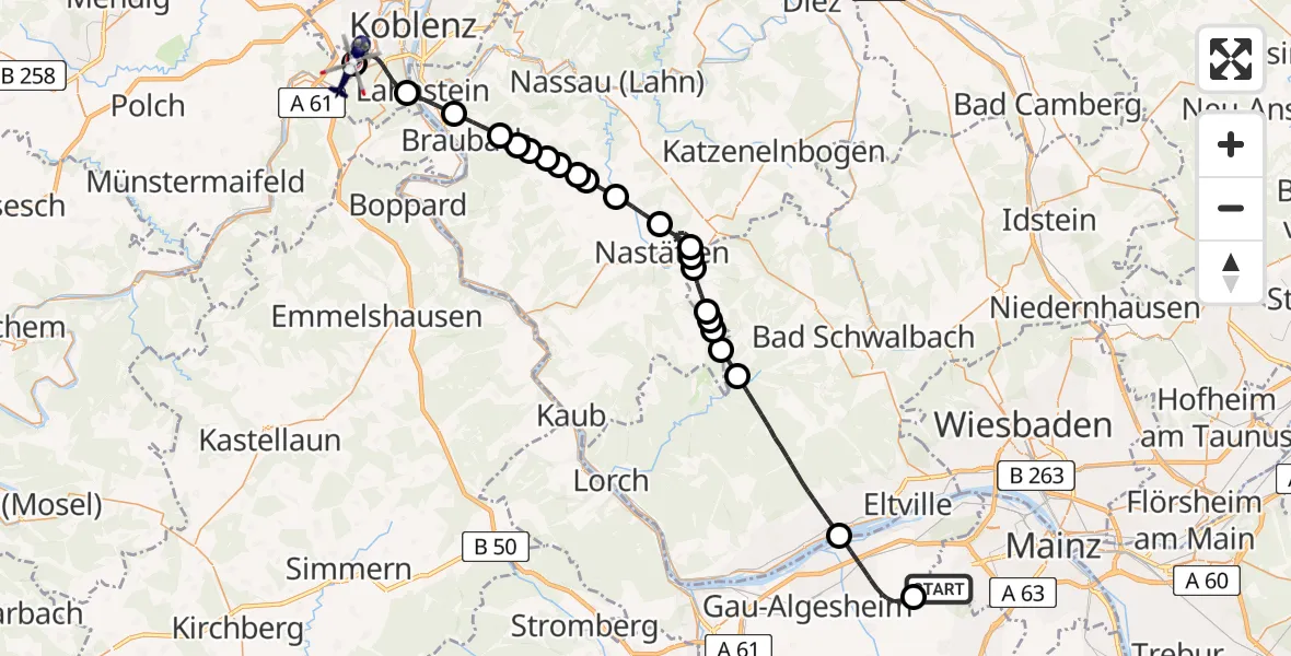Flugroute Polizeihubschrauber Mainz-Finthen Flugplatz - Koblenz-Winningen Flugplatz, 19 April 2026, 12:06