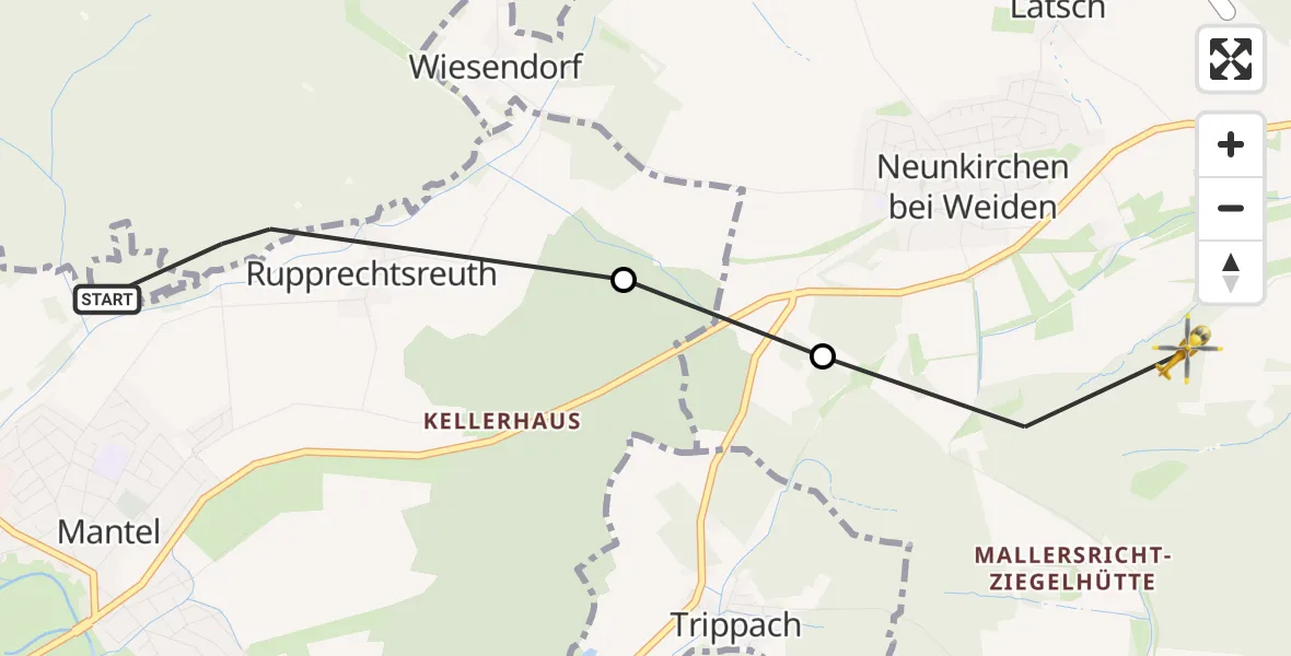 Flugroute Rettungshubschrauber Manteler Forst - Weiden i.d.OPf., 19 April 2026, 12:13