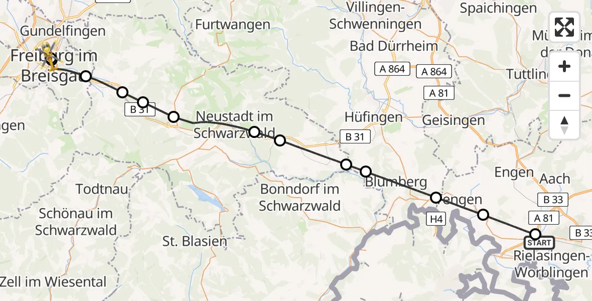 Flugroute Rettungshubschrauber Singen (Hohentwiel) - Freiburg University Hospital Heliport 2, 19 April 2026, 12:40