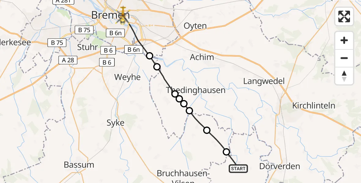 Flugroute Rettungshubschrauber Hilgermissen - Bremen, 19 April 2026, 12:51