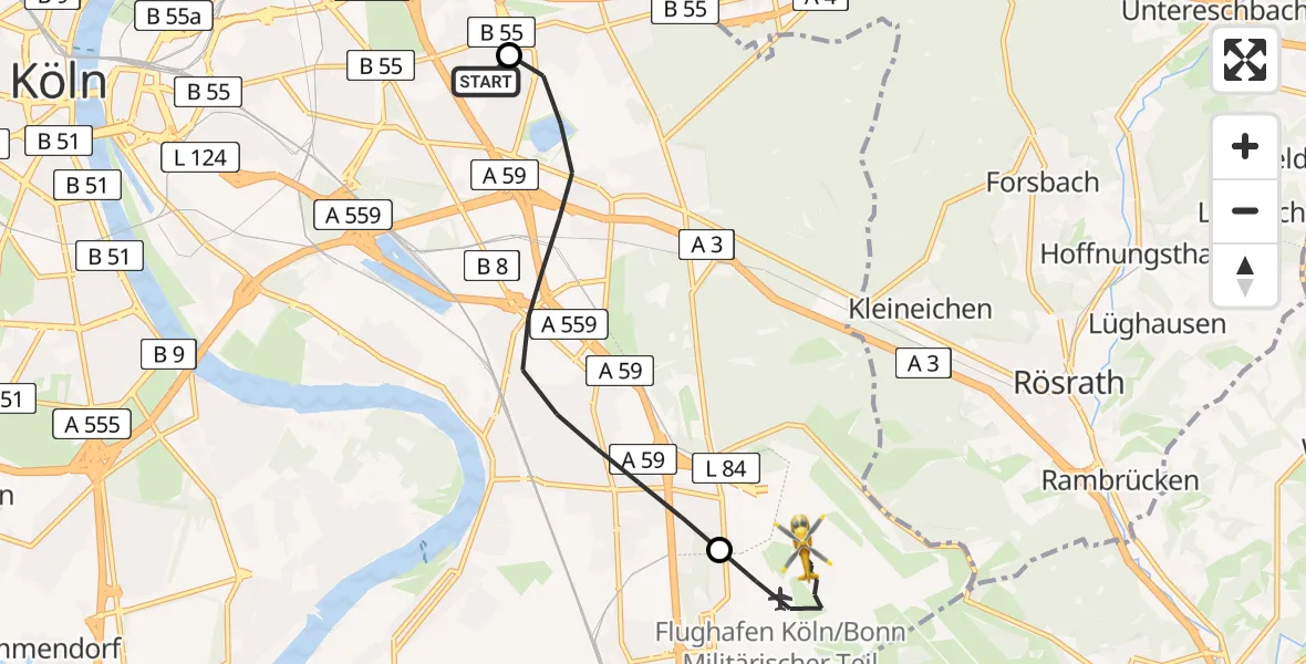 Flugroute Rettungshubschrauber Merheim Hospital - Köln Bonn Flughafen, 19 April 2026, 13:03