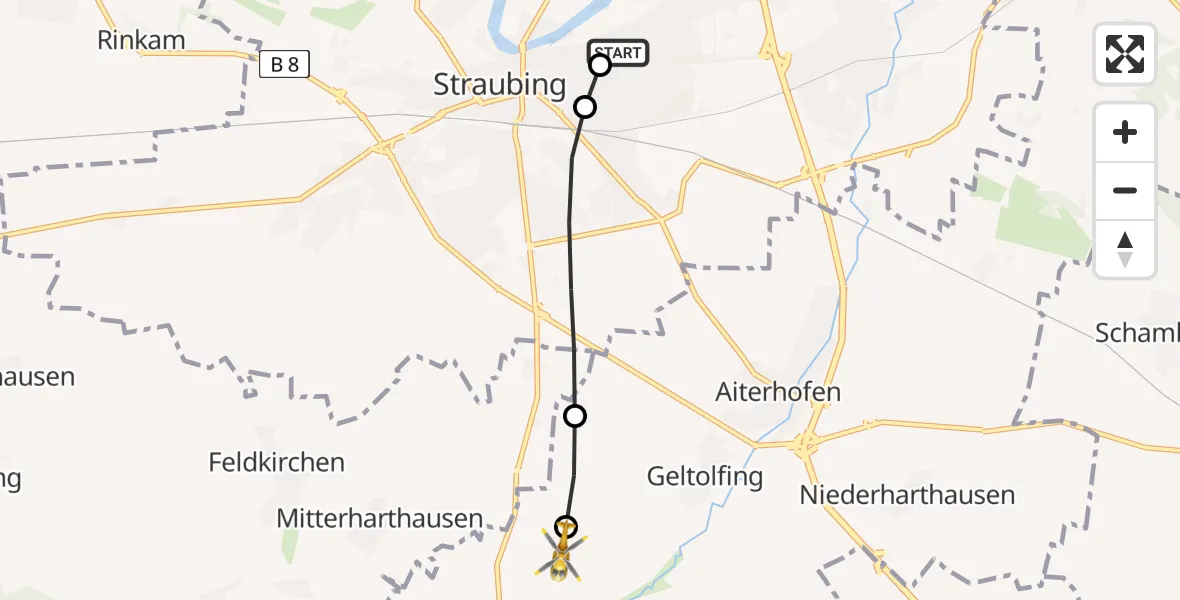 Flugroute Rettungshubschrauber Sankt Elisabeth Hospital Straubing - Salching, 19 April 2026, 13:08