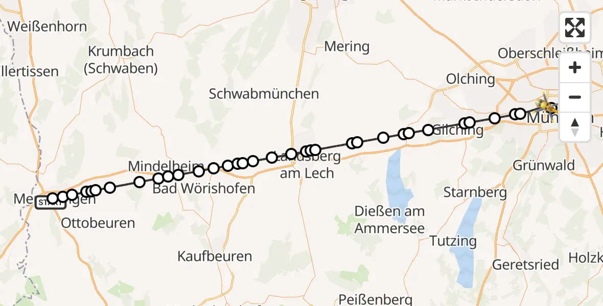 Flugroute Rettungshubschrauber Memmingen Hospital - Deutsches Herzzentrum München, 19 April 2026, 13:10