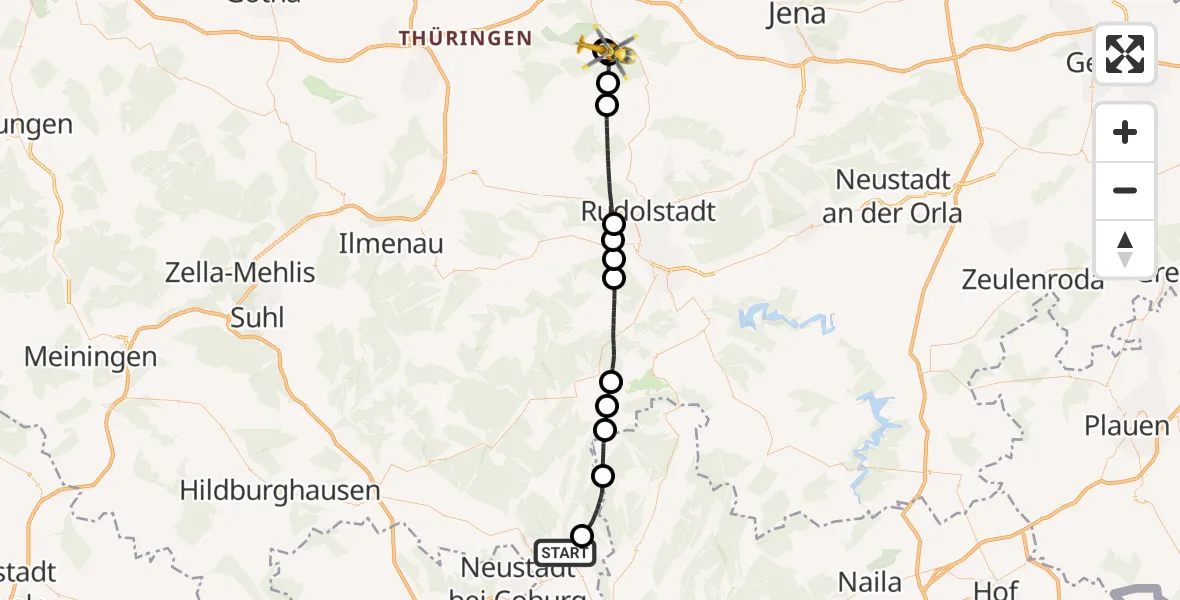 Flugroute Ambulanzhubschrauber Sonneberg - Bad Berka Zentralklinik Hubschrauberlandeplatz, 19 April 2026, 13:12