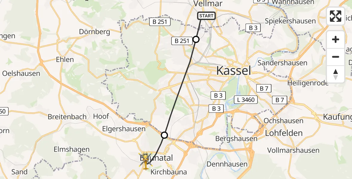 Flugroute Rettungshubschrauber Vellmar - Baunatal, 19 April 2026, 13:14