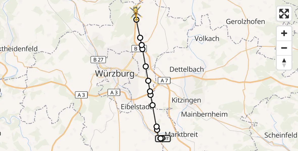 Flugroute Rettungshubschrauber Ochsenfurt Hospital - Hausen b.Würzburg, 19 April 2026, 13:20