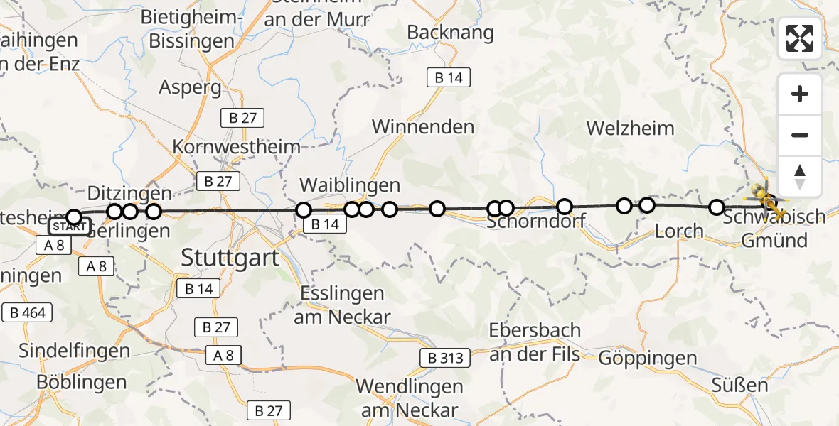 Flugroute Rettungshubschrauber Leonberg Hospital - Mutlangen, 19 April 2026, 13:35
