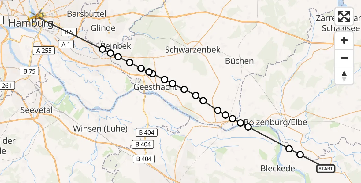 Flugroute Rettungshubschrauber Amt Neuhaus - Hamburg, 19 April 2026, 13:35