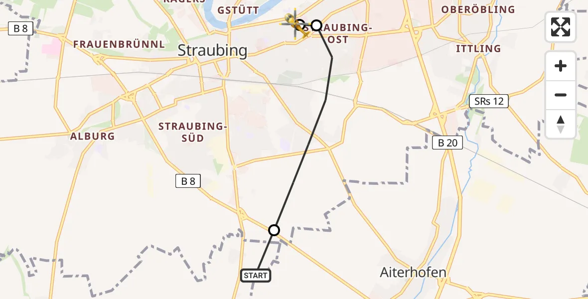 Flugroute Rettungshubschrauber Feldkirchen - Sankt Elisabeth Hospital Straubing, 19 April 2026, 13:37