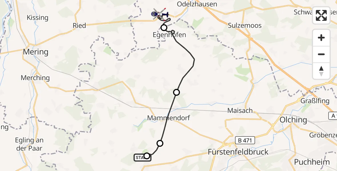 Flugroute Polizeihubschrauber Jesenwang Flugplatz - Pfaffenhofen a.d.Glonn, 19 April 2026, 13:41