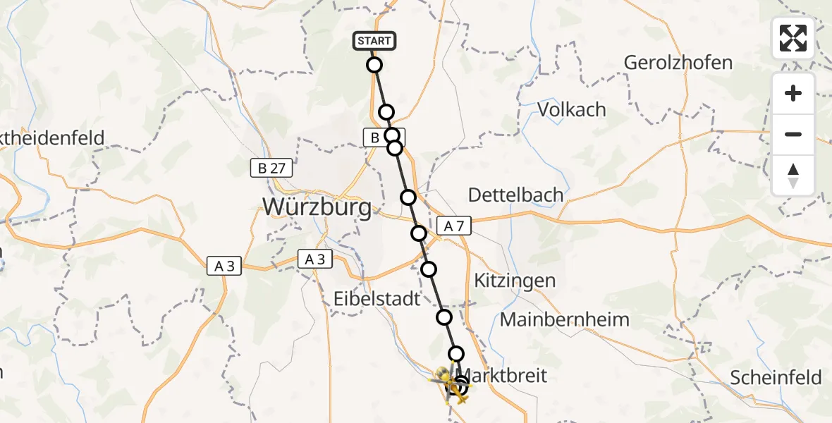 Flugroute Rettungshubschrauber Hausen b.Würzburg - Ochsenfurt Hospital, 19 April 2026, 13:46