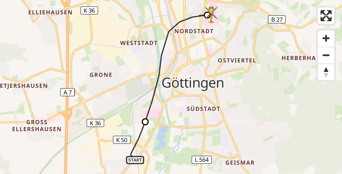 Flugroute Rettungshubschrauber Rosdorf - Göttingen University Clinic Hubschrauberlandeplatz, 19 April 2026, 13:50