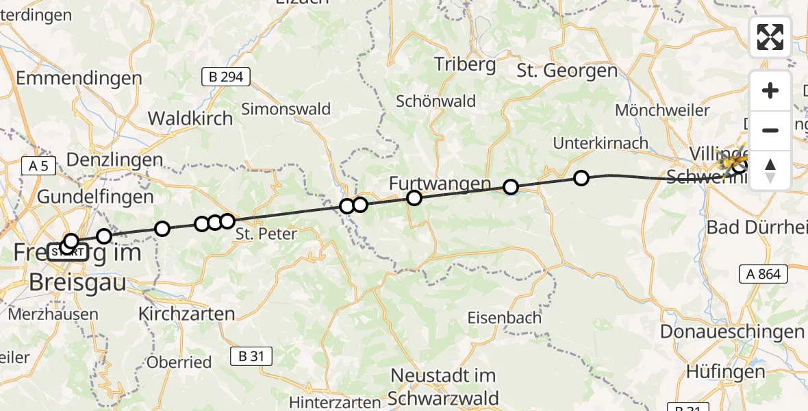Flugroute Rettungshubschrauber Freiburg University Hospital Heliport 2 - DRF Air Rescue Station Villingen-Schwenningen Hubschrauberlandeplatz (Christoph 11), 19 April 2026, 13:50