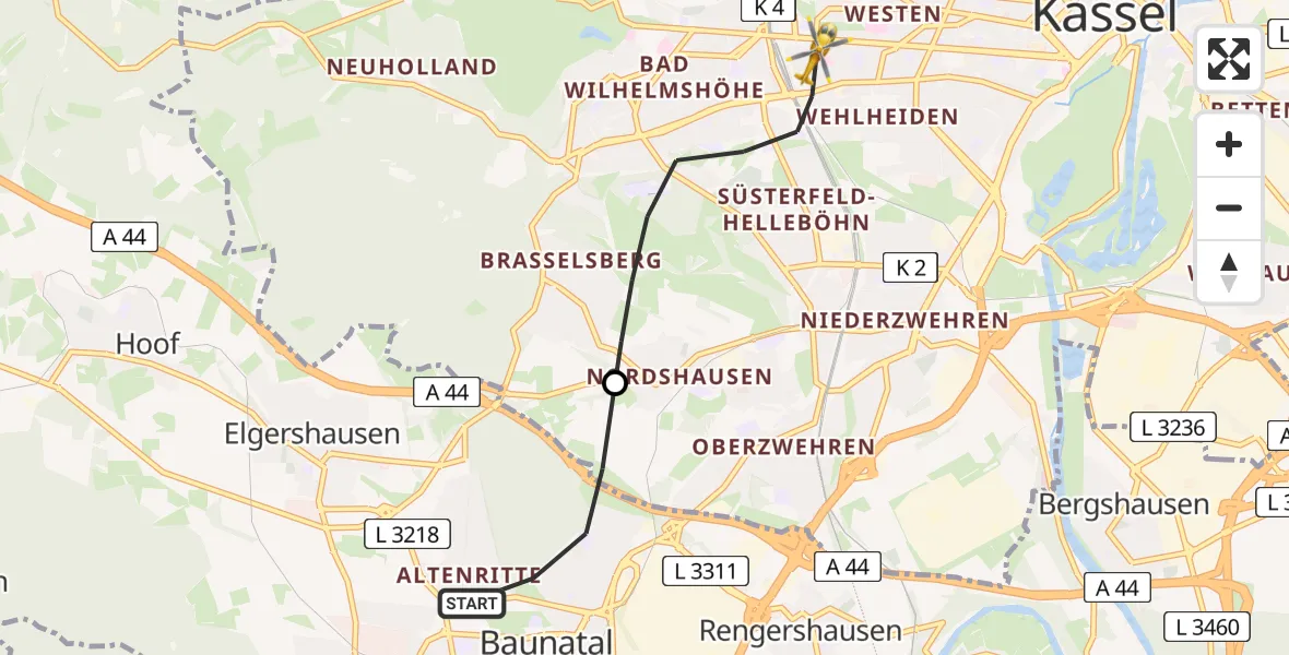 Flugroute Rettungshubschrauber Baunatal - Kassel, 19 April 2026, 14:06