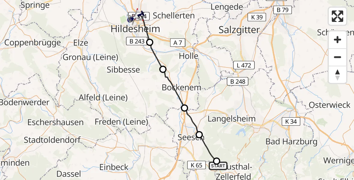 Flugroute Polizeihubschrauber Clausthal-Zellerfeld - Hildesheim, 19 April 2026, 14:21