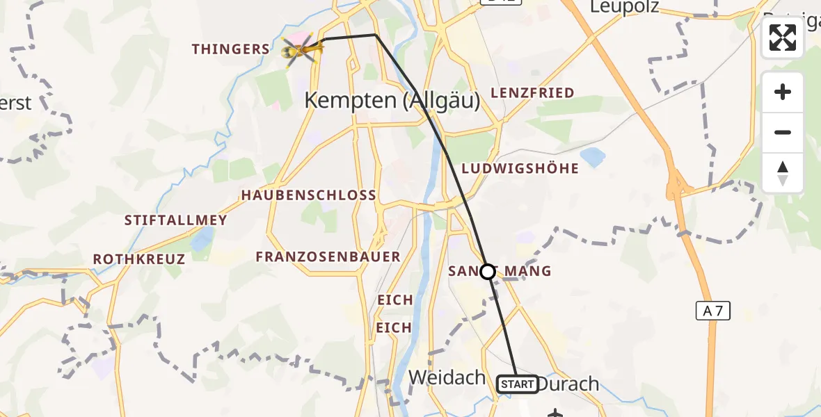 Flugroute Rettungshubschrauber Durach - Kempten (Allgäu), 19 April 2026, 14:40