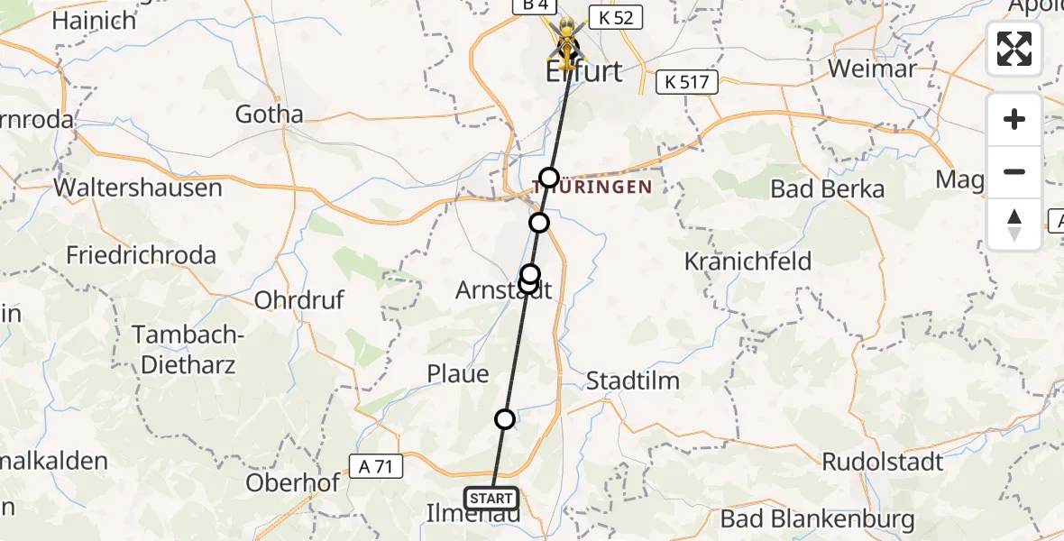 Flugroute Rettungshubschrauber Ilmenau - Helios Clinic Erfurt, 19 April 2026, 14:46