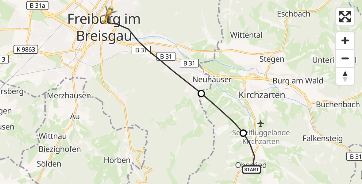 Flugroute Rettungshubschrauber Oberried - Freiburg im Breisgau, 19 April 2026, 14:55