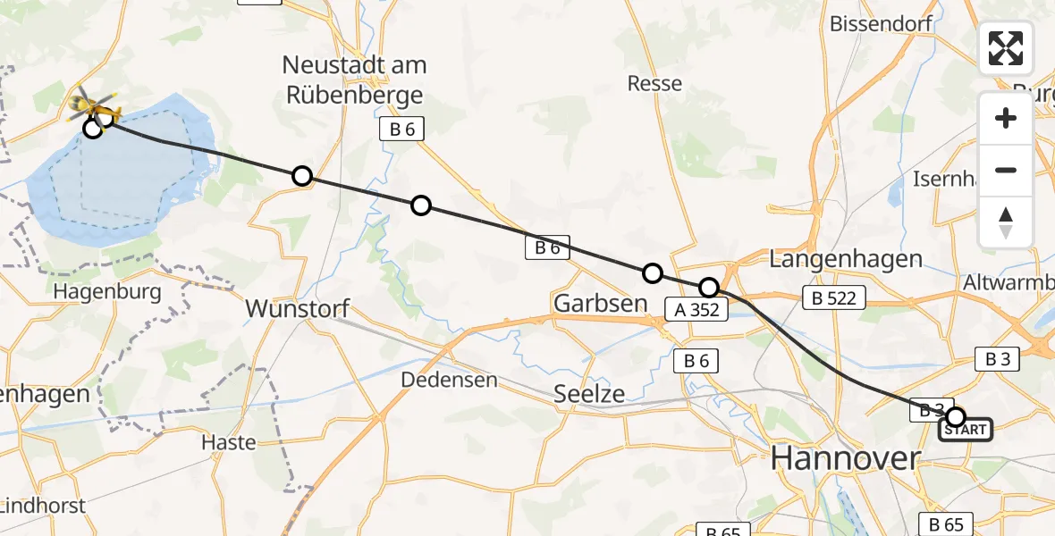 Flugroute Rettungshubschrauber Hannover Luftrettung Hubschrauberlandeplatz (Christoph 4) - Neustadt am Rübenberge, 19 April 2026, 14:58