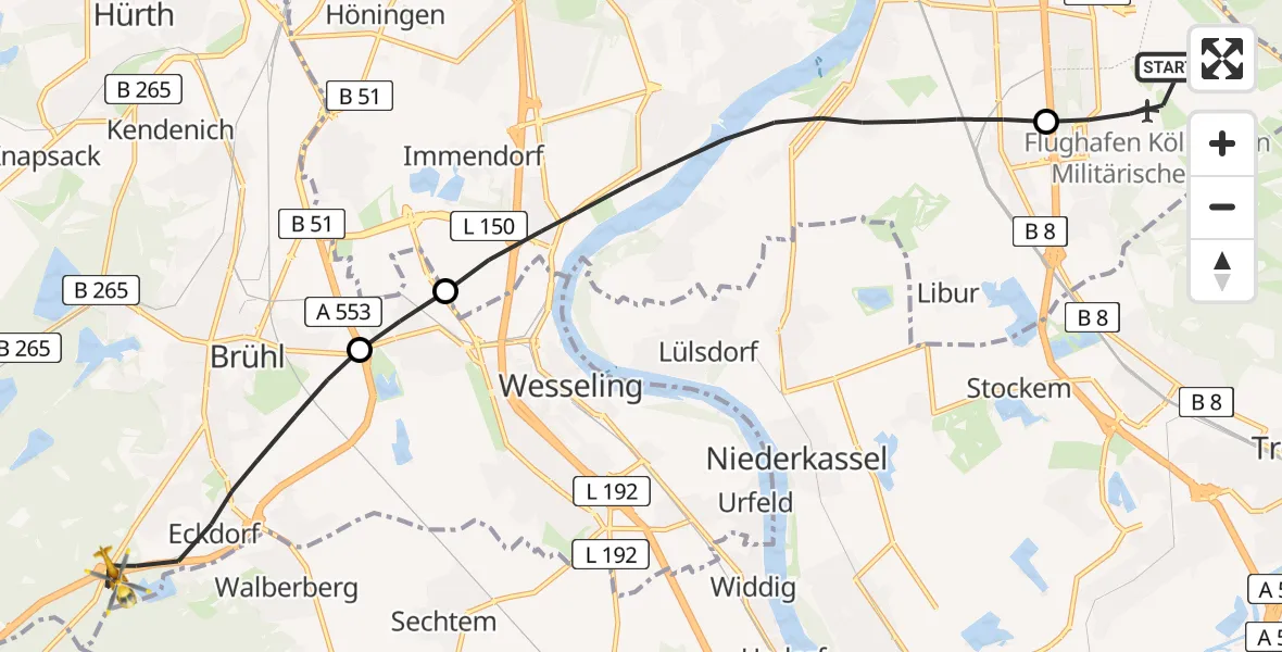 Flugroute Rettungshubschrauber Köln Bonn Flughafen - Brühl, 19 April 2026, 14:58