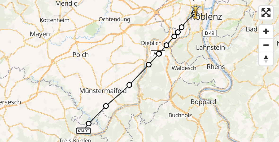 Flugroute Rettungshubschrauber Müden (Mosel) - Katholisches Klinikum Marienhof Koblenz Hubschrauberlandeplatz, 19 April 2026, 15:01