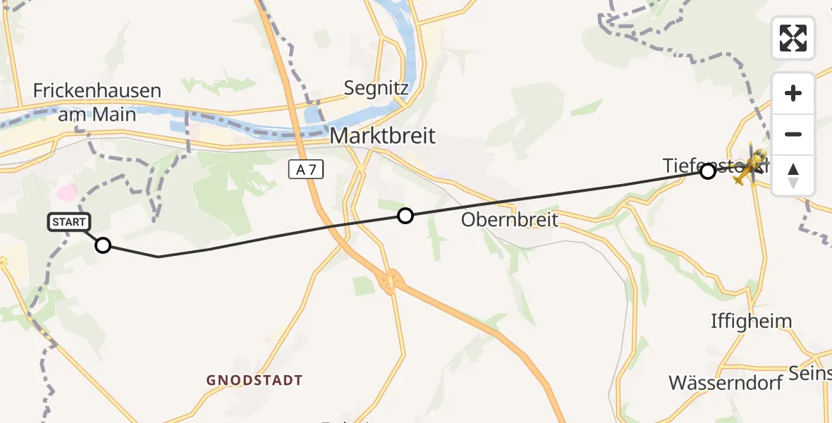 Flugroute Rettungshubschrauber Ochsenfurt Hospital - Seinsheim, 19 April 2026, 15:09