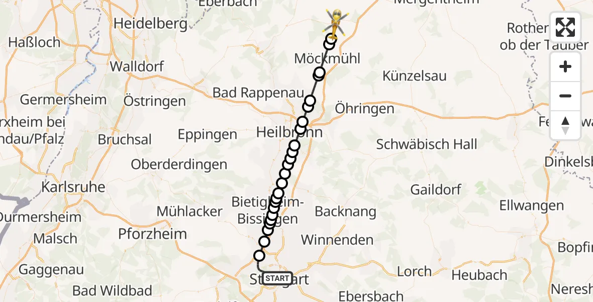 Flugroute Rettungshubschrauber Stuttgart - Adelsheim, 19 April 2026, 15:26