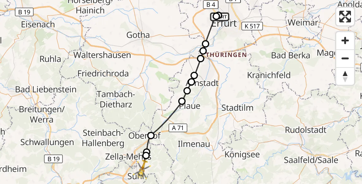 Flugroute Rettungshubschrauber Helios Clinic Erfurt - Suhl, 19 April 2026, 15:34