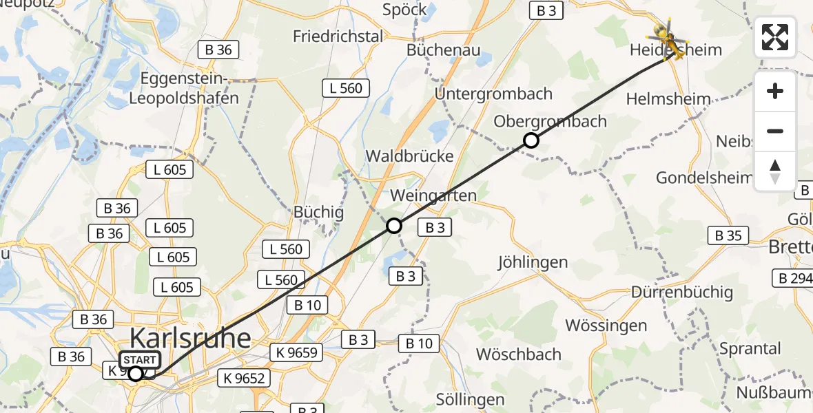 Flugroute Rettungshubschrauber Sankt Vincentius Hospital - Bruchsal, 19 April 2026, 15:37