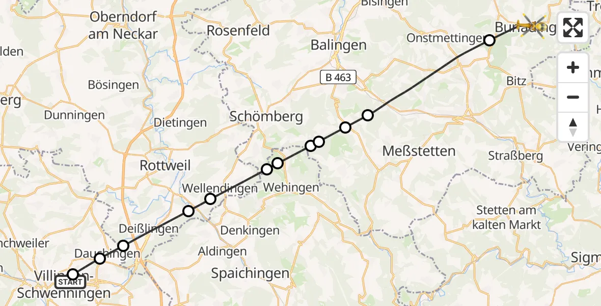 Flugroute Rettungshubschrauber DRF Air Rescue Station Villingen-Schwenningen Hubschrauberlandeplatz (Christoph 11) - Burladingen, 19 April 2026, 15:50