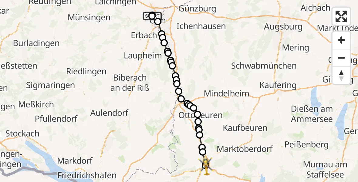 Flugroute Rettungshubschrauber Ulm Military Hospital Emergency - Kempten-Durach Flugplatz, 19 April 2026, 16:01
