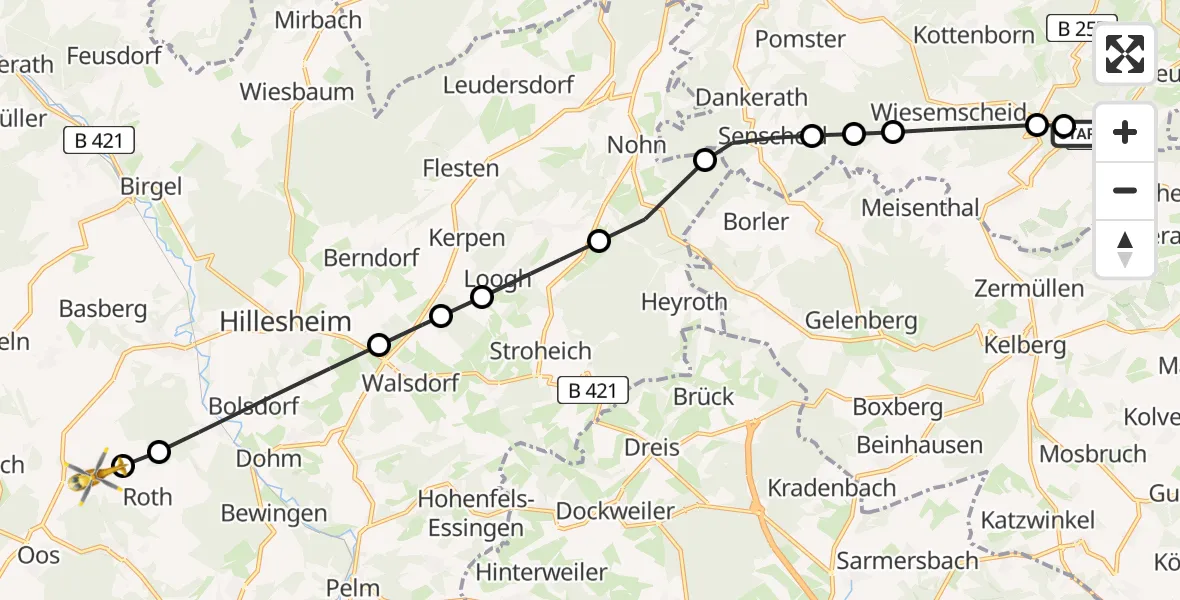 Flugroute Ambulanzhubschrauber Nürburgring Hubschrauberlandeplatz - Kalenborn-Scheuern, 19 April 2026, 16:04