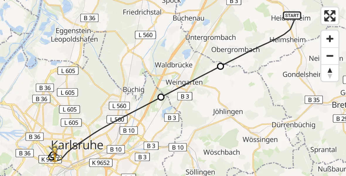 Flugroute Rettungshubschrauber Bruchsal - Sankt Vincentius Hospital, 19 April 2026, 16:22