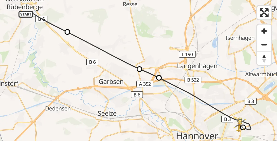 Flugroute Rettungshubschrauber Neustadt am Rübenberge - Hannover Luftrettung Hubschrauberlandeplatz (Christoph 4), 19 April 2026, 16:25