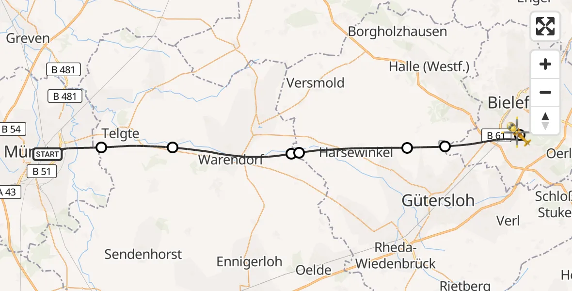 Flugroute Rettungshubschrauber Münster - Luftrettungszentrum Bielefeld, 19 April 2026, 16:26
