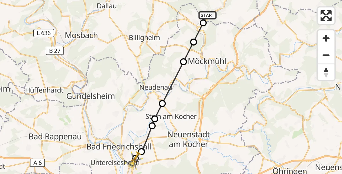 Flugroute Rettungshubschrauber Adelsheim - Klinikum am Plattenwald, 19 April 2026, 16:27