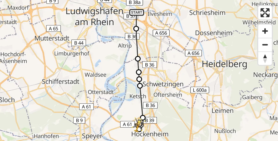 Flugroute Rettungshubschrauber Mannheim-City Flughafen - Hockenheim, 19 April 2026, 16:34