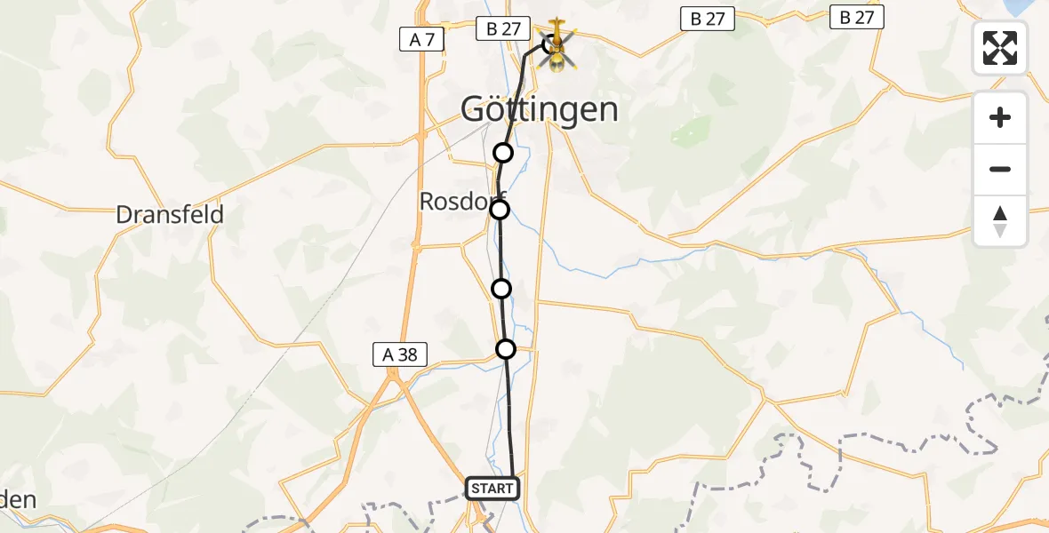 Flugroute Rettungshubschrauber Friedland - Göttingen University Clinic Hubschrauberlandeplatz, 19 April 2026, 16:50