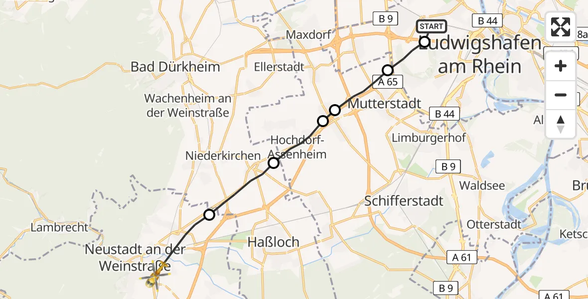 Flugroute Rettungshubschrauber Ludwigshafen Accident Hospital - Neustadt an der Weinstraße, 19 April 2026, 16:55